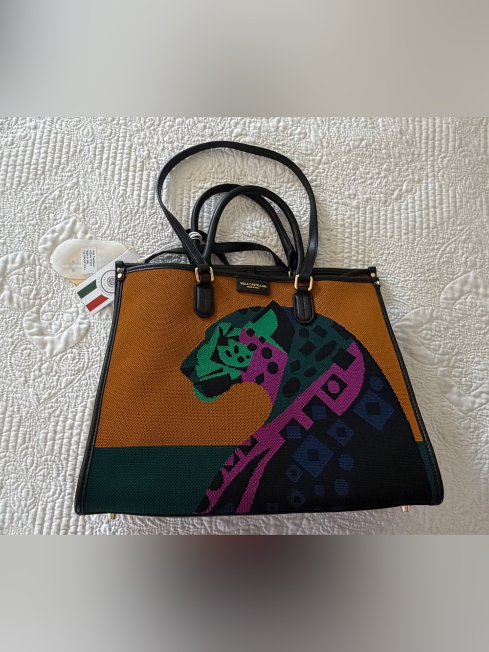 Viola Castellani Made in Italy Colorful Graphic Leather Trim Tote Bag NWT
